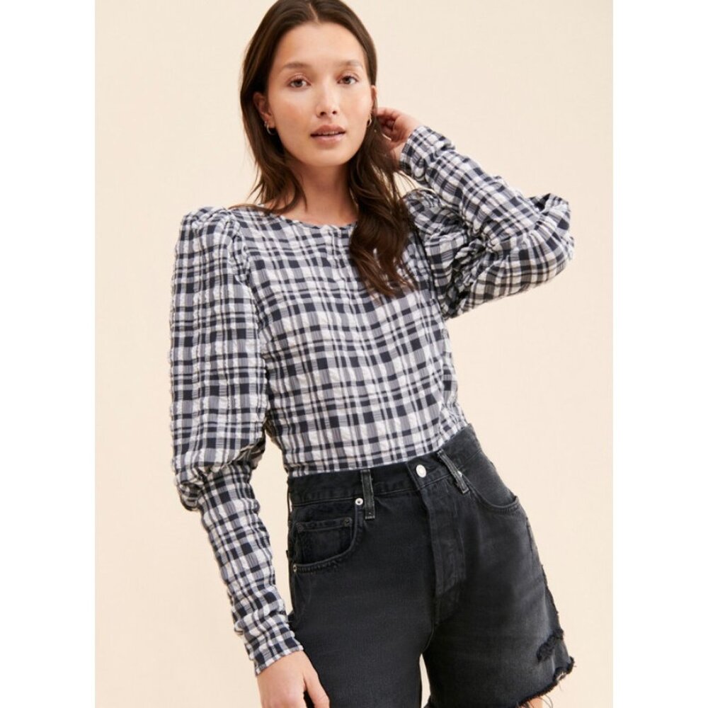 Just Female‎ Womens Hamilton Plaid Blouse Puff Sleeve Evening Blue Plaid Size 34